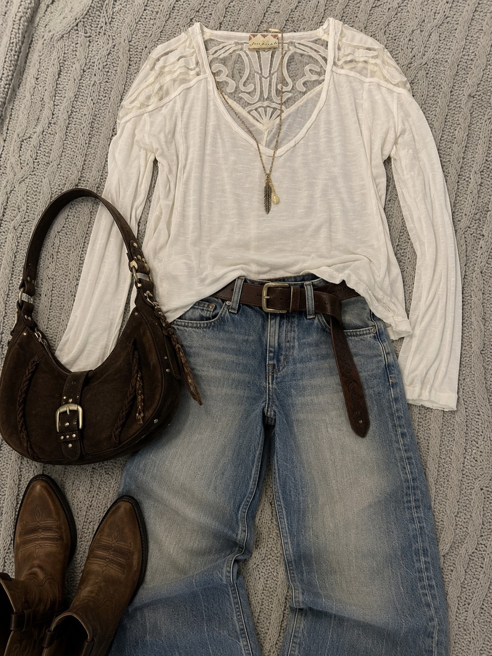 Vintage Free People Ivory Embroidered V-Neck Long Sleeve Top